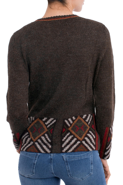 100% alpaca cardigan, 'Incan Argyle' - 100% Alpaca Brown Cardigan Sweater with Diamond Motif