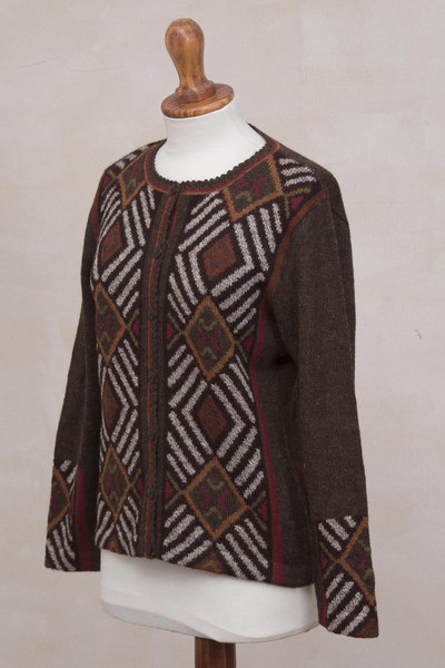 100% alpaca cardigan, 'Incan Argyle' - 100% Alpaca Brown Cardigan Sweater with Diamond Motif