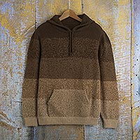 100% Alpaca Men's Knit Hooded Sweater with Wide Stripes,'Andes Adventurer'