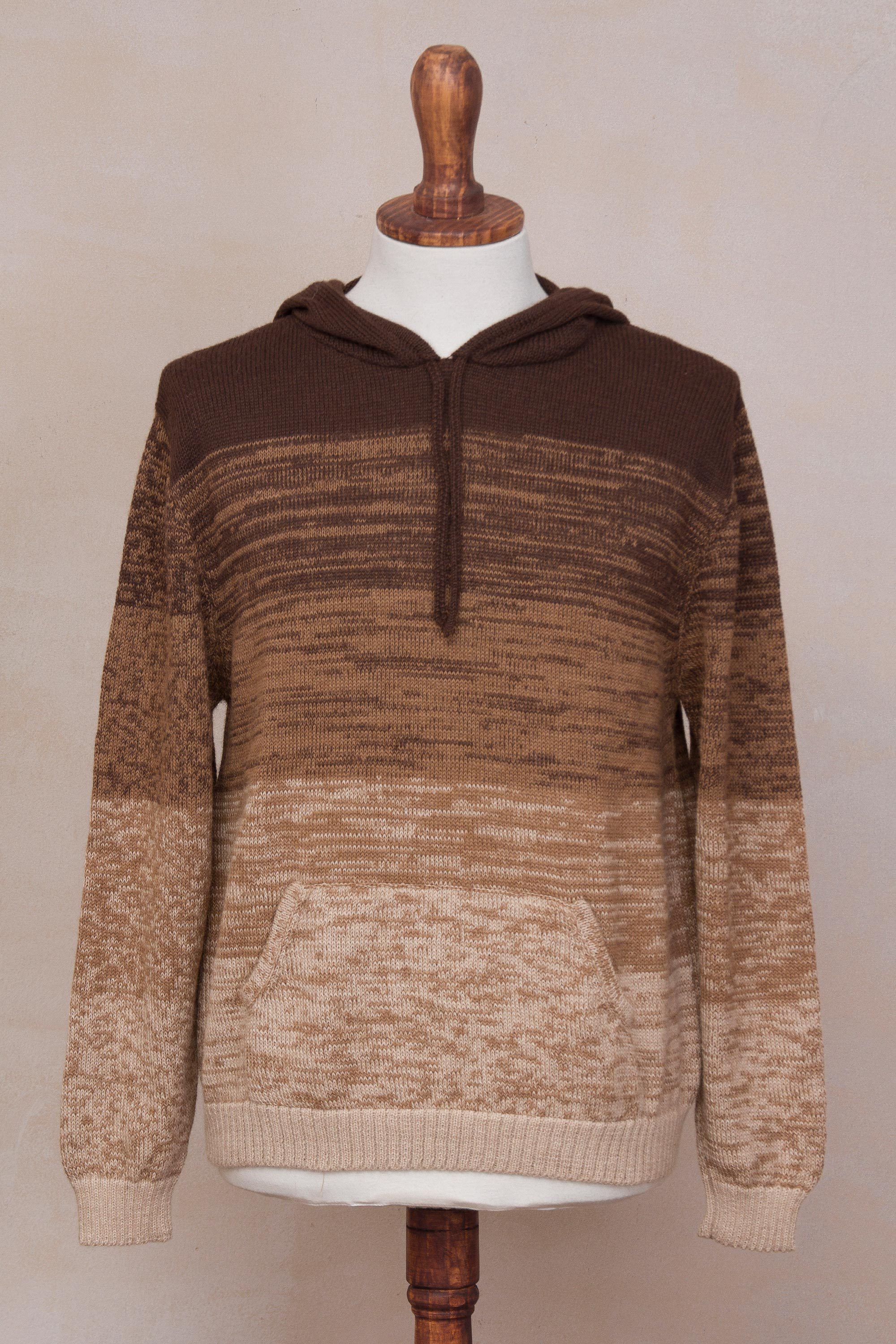 100 Alpaca Men's Knit Hooded Sweater with Wide Stripes Andes