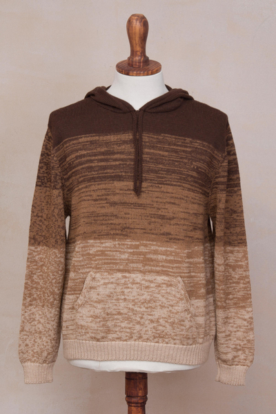 Men's 100% alpaca hooded sweater, 'Andes Adventurer' - 100% Alpaca Men's Knit Hooded Sweater with Wide Stripes