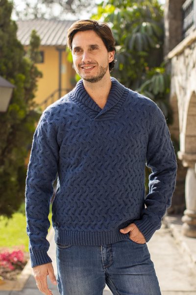Men's alpaca blend sweater, 'Blue Earth' - Peruvian Men's Blue Acrylic and Alpaca Knit Pullover Sweater