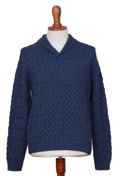 Men's alpaca blend sweater, 'Blue Earth' - Peruvian Men's Blue Acrylic and Alpaca Knit Pullover Sweater