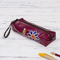 Cranberry Hand Painted Leather Pencil Case, Incan Motifs,'Qenko'