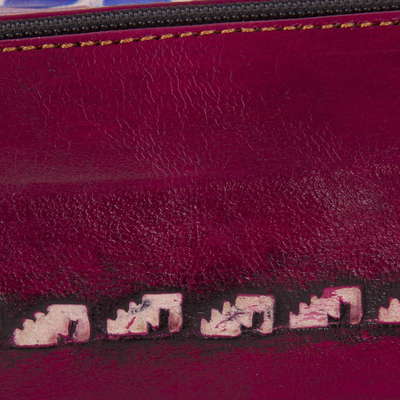 Leather pencil case, 'Qenko' - Cranberry Hand Painted Leather Pencil Case, Incan Motifs