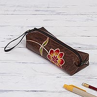 Leather pencil case, 'Moray Flower' - Brown Leather Pencil Case with Hand Painted Flower