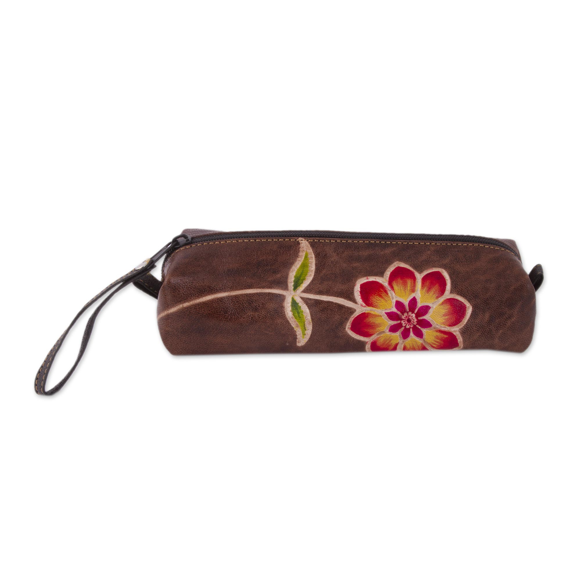 Brown Leather Pencil Case with Hand Painted Flower - Moray Flower | NOVICA