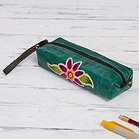 Leather case, 'Cusco Flower' - Green Leather Makeup Case with Hand Painted Flower