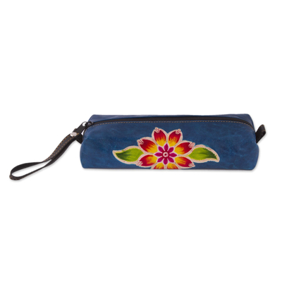 Leather makeup case, 'Cusco Sky' - Blue Leather Makeup Case with Hand Painted Flower