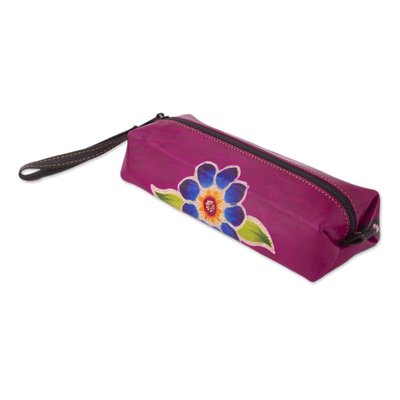 Leather pencil case, 'Cusco Bloom' - Magenta Leather Pencil Case with Hand Painted Flower