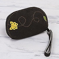 Monedero de ante - Monedero de piel serraje negro, aplique mariposa amarilla