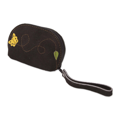 Suede coin purse, 'Butterfly Flight' - Black Suede Leather Coin Purse, Yellow Butterfly Appliqué