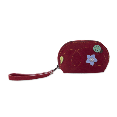 Red Suede Leather Coin Purse with Green Ladybug Appliqué