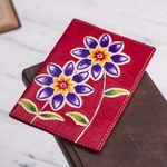 Leather passport cover, 'Lovely Traveler in Red' - Red Leather Passport Cover with Hand Painted Flowers