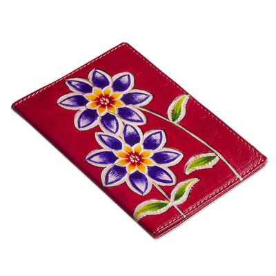 Leather passport cover, 'Lovely Traveler in Red' - Red Leather Passport Cover with Hand Painted Flowers