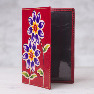 Leather passport cover, 'Lovely Traveler in Red' - Red Leather Passport Cover with Hand Painted Flowers