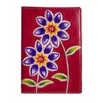 Leather passport cover, 'Lovely Traveler in Red' - Red Leather Passport Cover with Hand Painted Flowers