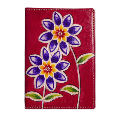 Reisepasshülle aus Leder - Rote Reisepasshülle aus Leder mit handbemalten Blumen