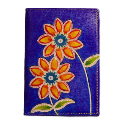 Leather passport wallet, 'Lovely Traveler in Blue' - Blue Leather Passport Cover with Hand Painted Flowers