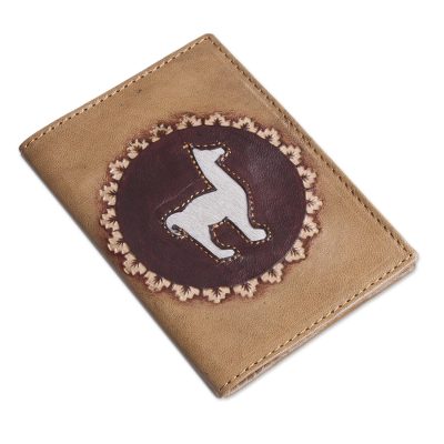 Leather passport cover, 'Andean Traveler' - Tan Leather Passport Cover with Llama Design