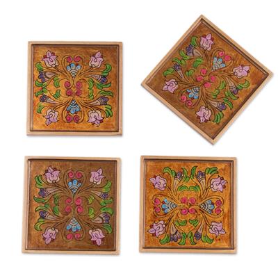 Rückseite bemalte Glasuntersetzer, (4er-Set) - Blumenuntersetzer aus umgekehrt bemaltem Glas aus Peru (4er-Set)