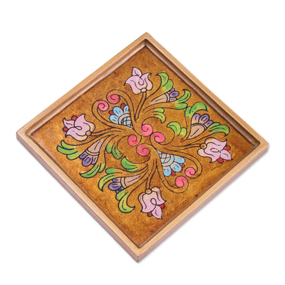 Reverse painted glass coasters, 'Floral Gold' (set of 4) - Reverse Painted Glass Floral Coasters from Peru (Set of 4)