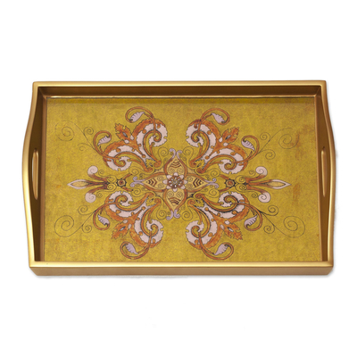 Gold-Tone Floral Reverse Painted Glass Tray from Peru - Regal Petals ...
