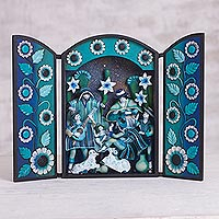 Wood retablo, 'Joyous Night' - Blue Wood and Plaster Andean Nativity Retablo with Musicians