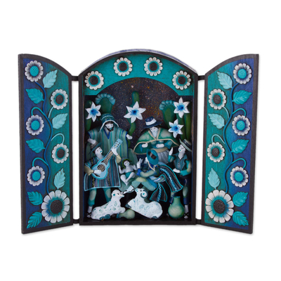 Wood retablo, 'Joyous Night' - Blue Wood and Plaster Andean Nativity Retablo with Musicians