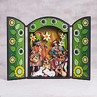 Wood and plaster retablo, 'Sunrise Nativity' - Wood and Plaster Andean Nativity Retablo with Musicians