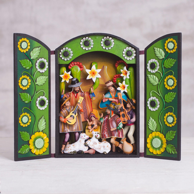 Wood and plaster retablo, 'Sunrise Nativity' - Wood and Plaster Andean Nativity Retablo with Musicians
