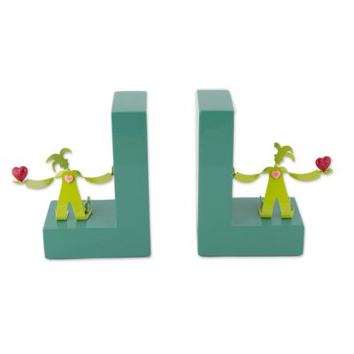 Aluminum and wood book ends, 'Literature Lover' (pair) - Green Aluminum Harlequins on Green Wood Bookends