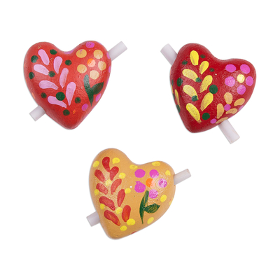 Ceramic figurines, 'Love Notes' (set of 3) - Three Floral Ceramic Heart Figurines for Notes 