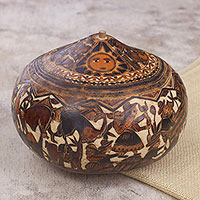 Hand-Carved Gourd Decorative Box with Andean Pastoral Scene,'Mantaro Valley'