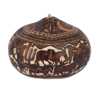 Deko-Box aus getrocknetem Mate-Kürbis – Handgeschnitzte dekorative Kürbisdose mit pastoraler Szene aus den Anden