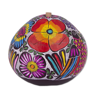 Caja decorativa de calabaza - Caja decorativa de calabaza con pájaros y flores pintada a mano