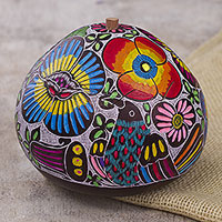 Gourd decorative box, 'Garden Song' - Hand Carved and Painted Birds Flowers Gourd Decorative Box