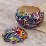 Gourd decorative box, 'Garden Song' - Hand Carved and Painted Birds Flowers Gourd Decorative Box
