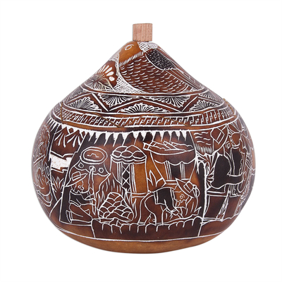 Hand Carved Gourd Decorative Box with Harvest Dance Scene