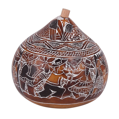 Dried mate gourd decorative box, 'Harvest Dance' - Hand Carved Gourd Decorative Box with Harvest Dance Scene