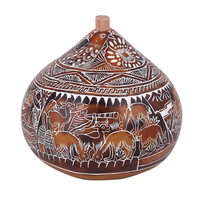 Dried mate gourd decorative box, 'Harvest Dance' - Hand Carved Gourd Decorative Box with Harvest Dance Scene