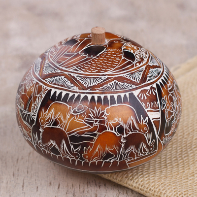 Gourd decorative box, 'Harvest Festival' - Hand Carved Gourd Decorative Box with Harvest Festival Scene