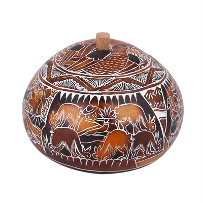 Hand Carved Gourd Decorative Box with Harvest Festival Scene