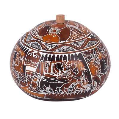 Gourd decorative box, 'Harvest Festival' - Hand Carved Gourd Decorative Box with Harvest Festival Scene