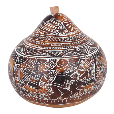 Hand Carved Gourd Decorative Box with Andean Folk Traditions