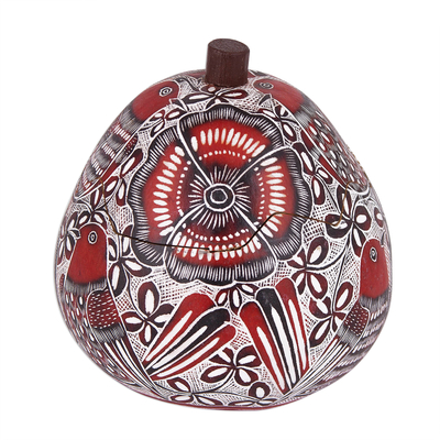 Gourd decorative box, 'Redbird's Song' - Red Birds and Flowers Hand Carved Gourd Decorative Box