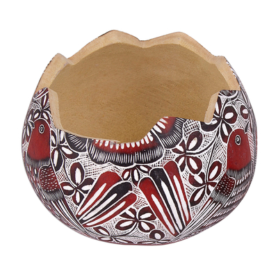 Gourd decorative box, 'Redbird's Song' - Red Birds and Flowers Hand Carved Gourd Decorative Box