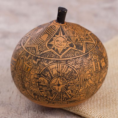 Gourd decorative box, 'Andean Trilogy' - Hand Carved Andean Trilogy Sun and Moon Gourd Decorative Box