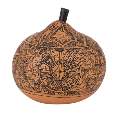Hand Carved Andean Trilogy Sun and Moon Gourd Decorative Box