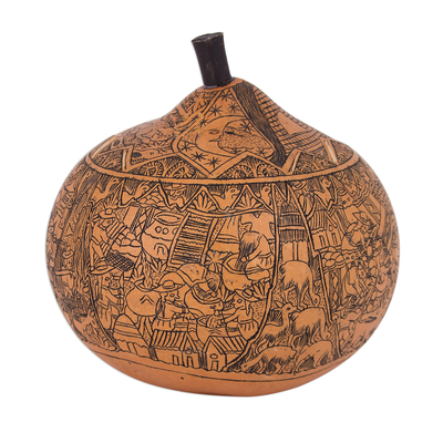 Caja decorativa de calabaza. - Caja decorativa de calabaza de sol y luna de la trilogía andina tallada a mano